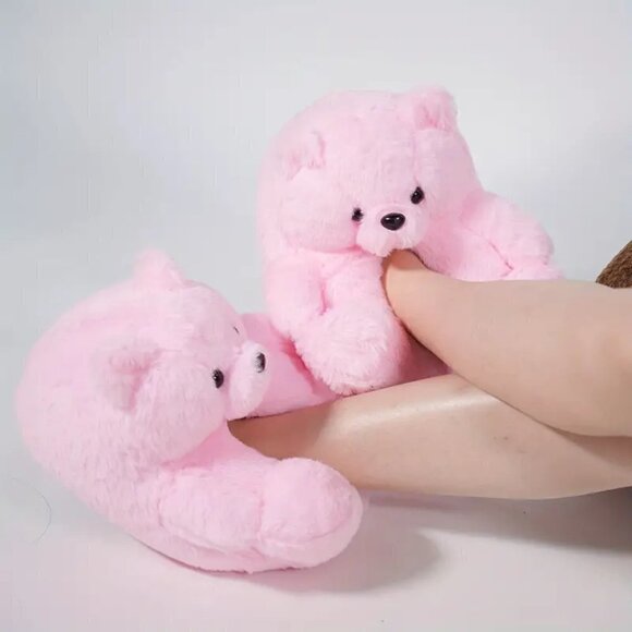 PINK TEDDY BEAR PLUSH SLIPPERS - Picture 10 of 10